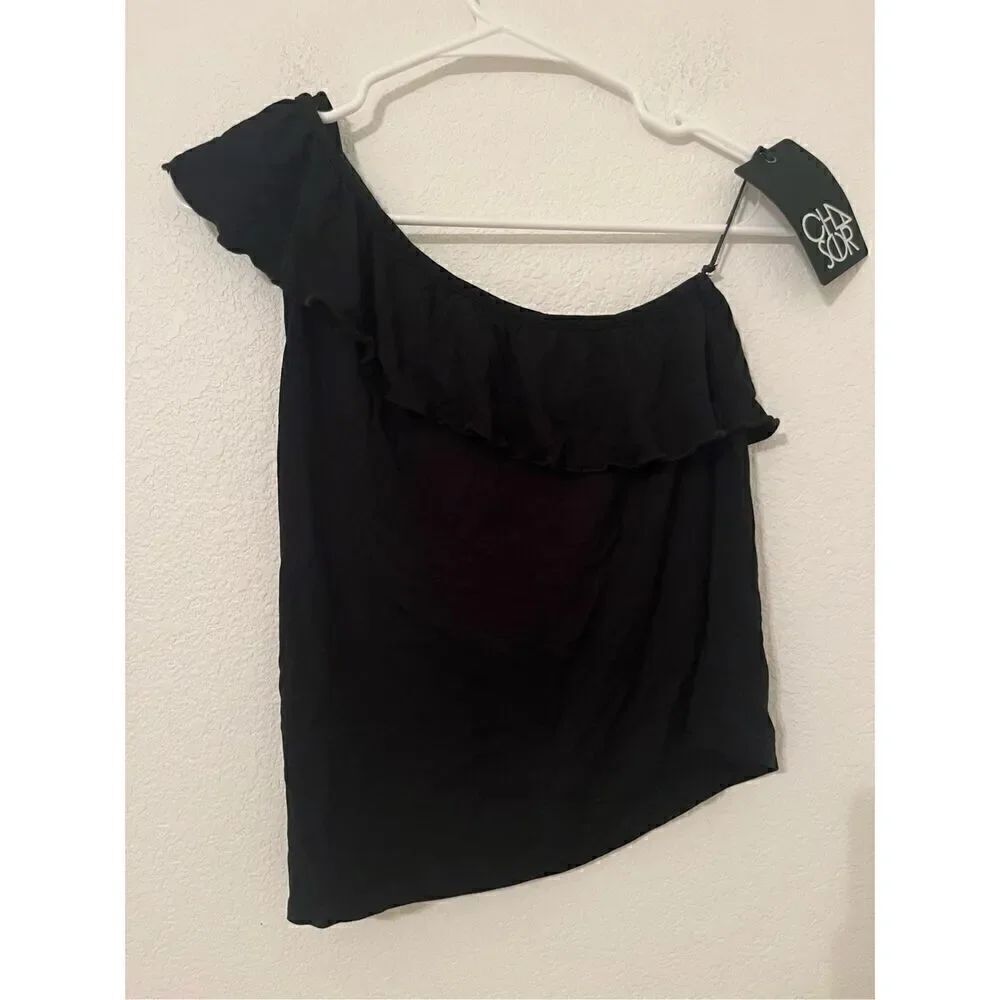 Chaser One Shoulder Ruffle Top In True Black NEW - Picture 3 of 6